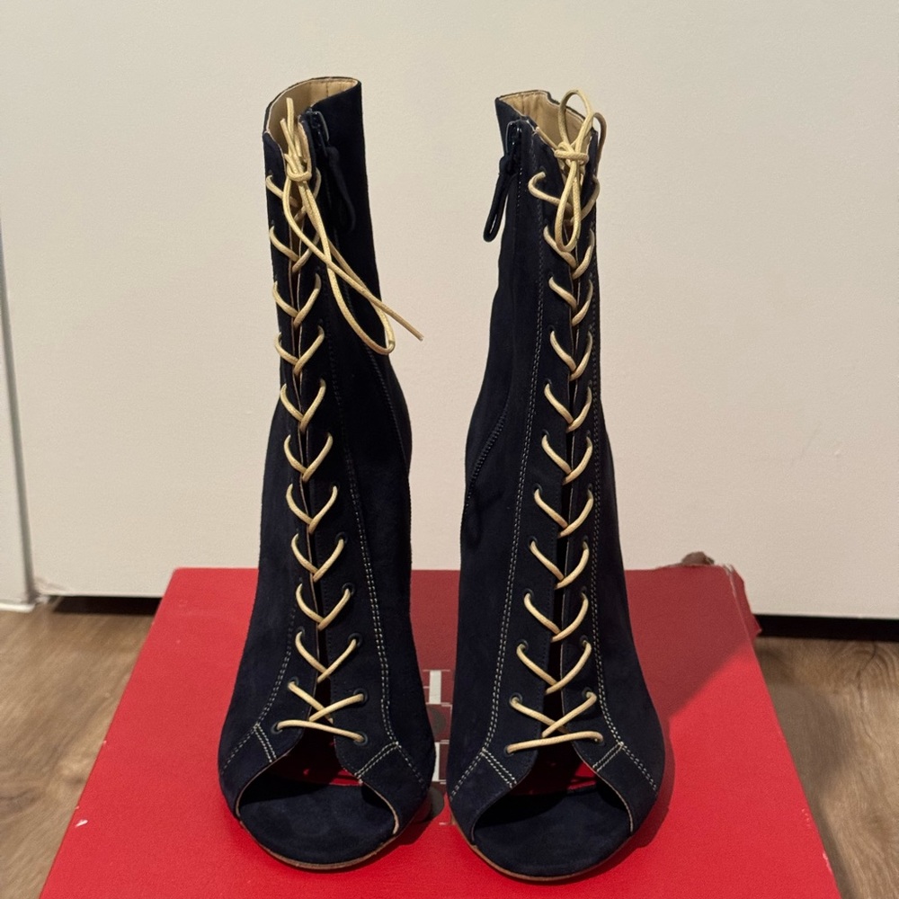 Carolina Herrera Navy and Beige Lace-Up Boots